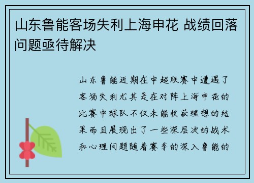 山东鲁能客场失利上海申花 战绩回落问题亟待解决