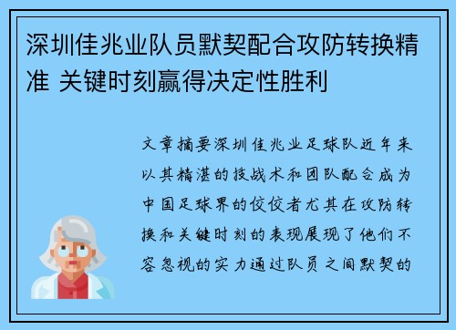 深圳佳兆业队员默契配合攻防转换精准 关键时刻赢得决定性胜利