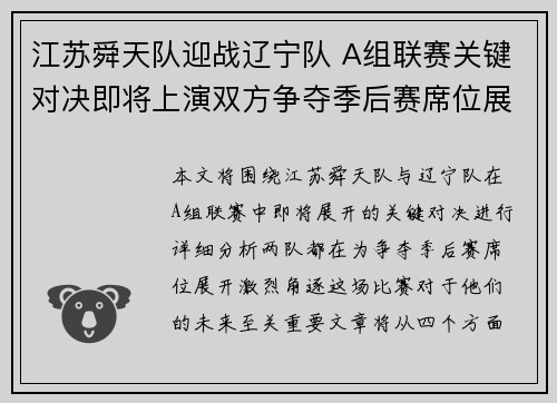 江苏舜天队迎战辽宁队 A组联赛关键对决即将上演双方争夺季后赛席位展开激烈角逐