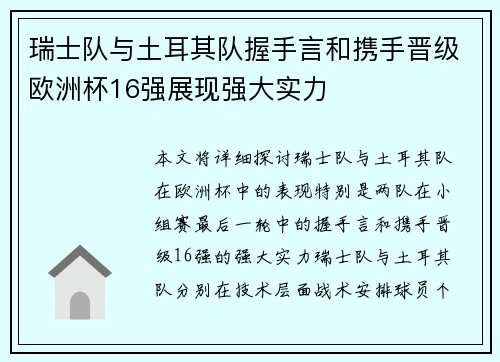 瑞士队与土耳其队握手言和携手晋级欧洲杯16强展现强大实力