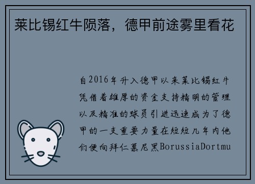 莱比锡红牛陨落，德甲前途雾里看花
