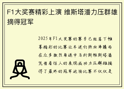 F1大奖赛精彩上演 维斯塔潘力压群雄摘得冠军