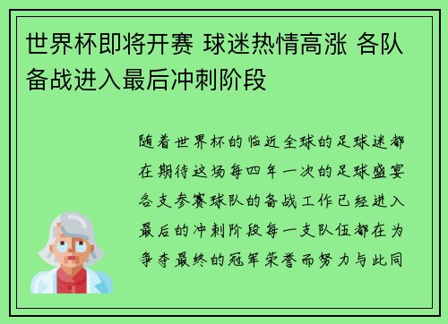世界杯即将开赛 球迷热情高涨 各队备战进入最后冲刺阶段
