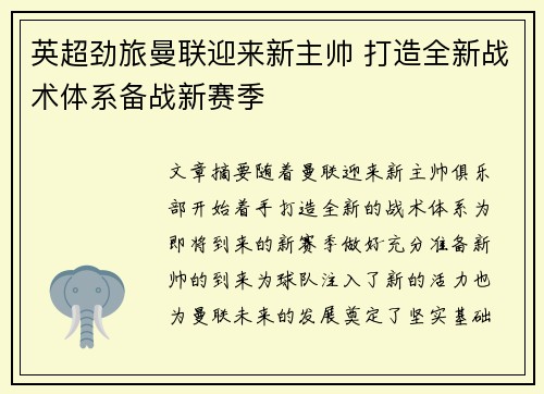 英超劲旅曼联迎来新主帅 打造全新战术体系备战新赛季
