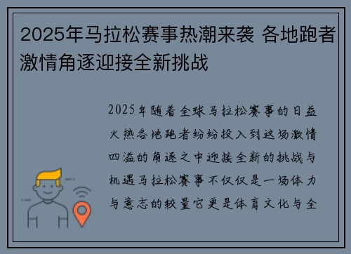 2025年马拉松赛事热潮来袭 各地跑者激情角逐迎接全新挑战